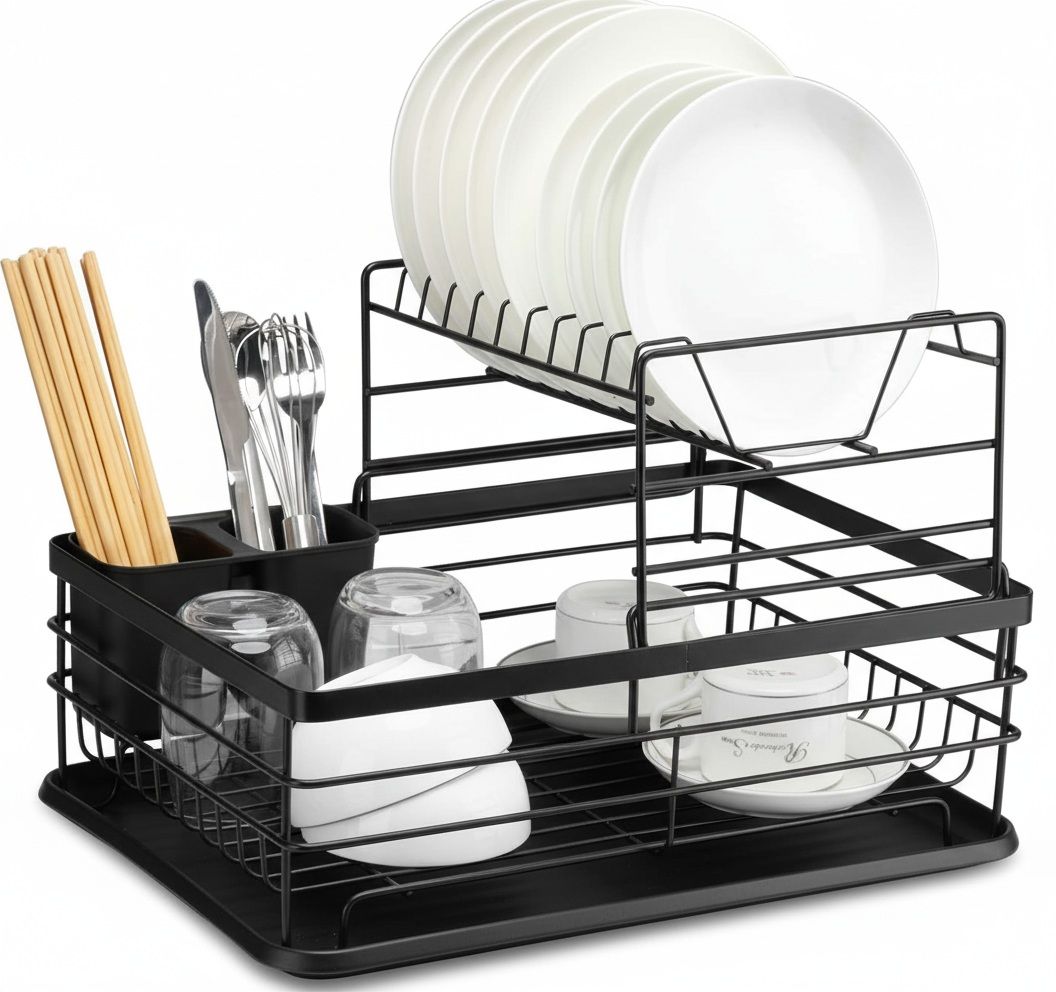 CARLA HOME 2-Tier Dish Drying Rack for Kitchen Counter with Removable Drip Tray, Utensil Holder and Cutlery Organizer (Black)