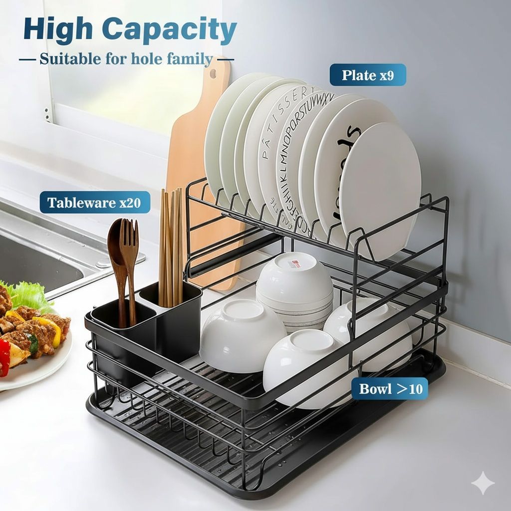 CARLA HOME 2-Tier Dish Drying Rack for Kitchen Counter with Removable Drip Tray, Utensil Holder and Cutlery Organizer (Black)