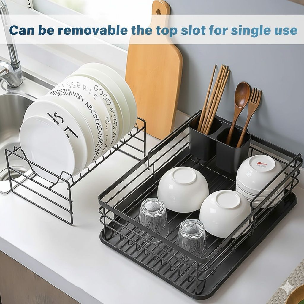 CARLA HOME 2-Tier Dish Drying Rack for Kitchen Counter with Removable Drip Tray, Utensil Holder and Cutlery Organizer (Black)