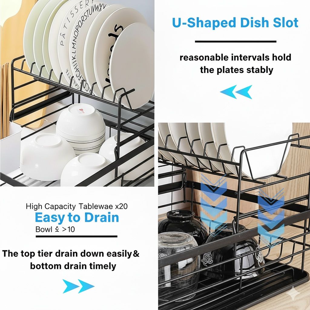 CARLA HOME 2-Tier Dish Drying Rack for Kitchen Counter with Removable Drip Tray, Utensil Holder and Cutlery Organizer (Black)