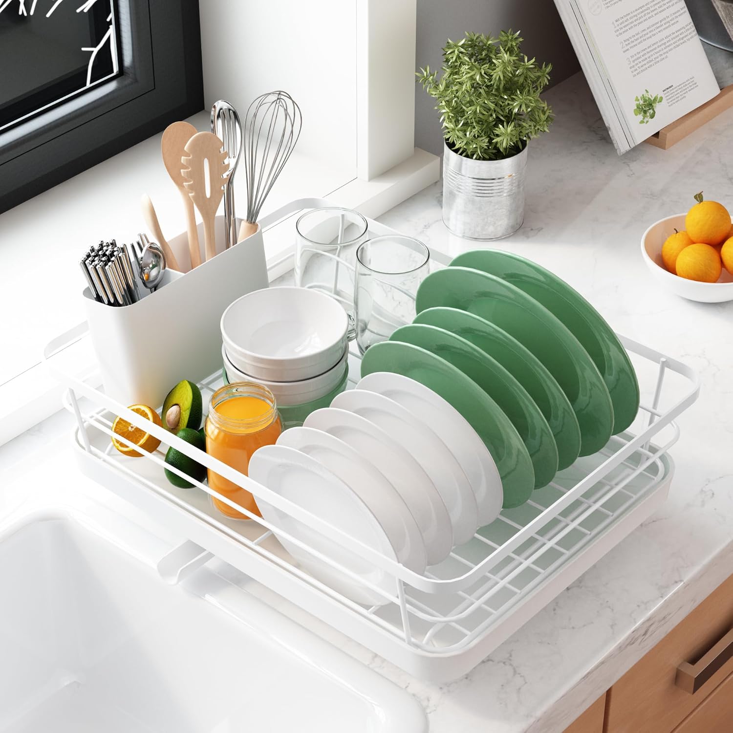 CARLA HOME Dish Drying Rack for Kitchen Counter with Removable Drip Tray, Utensil Holder and Cutlery Organizer