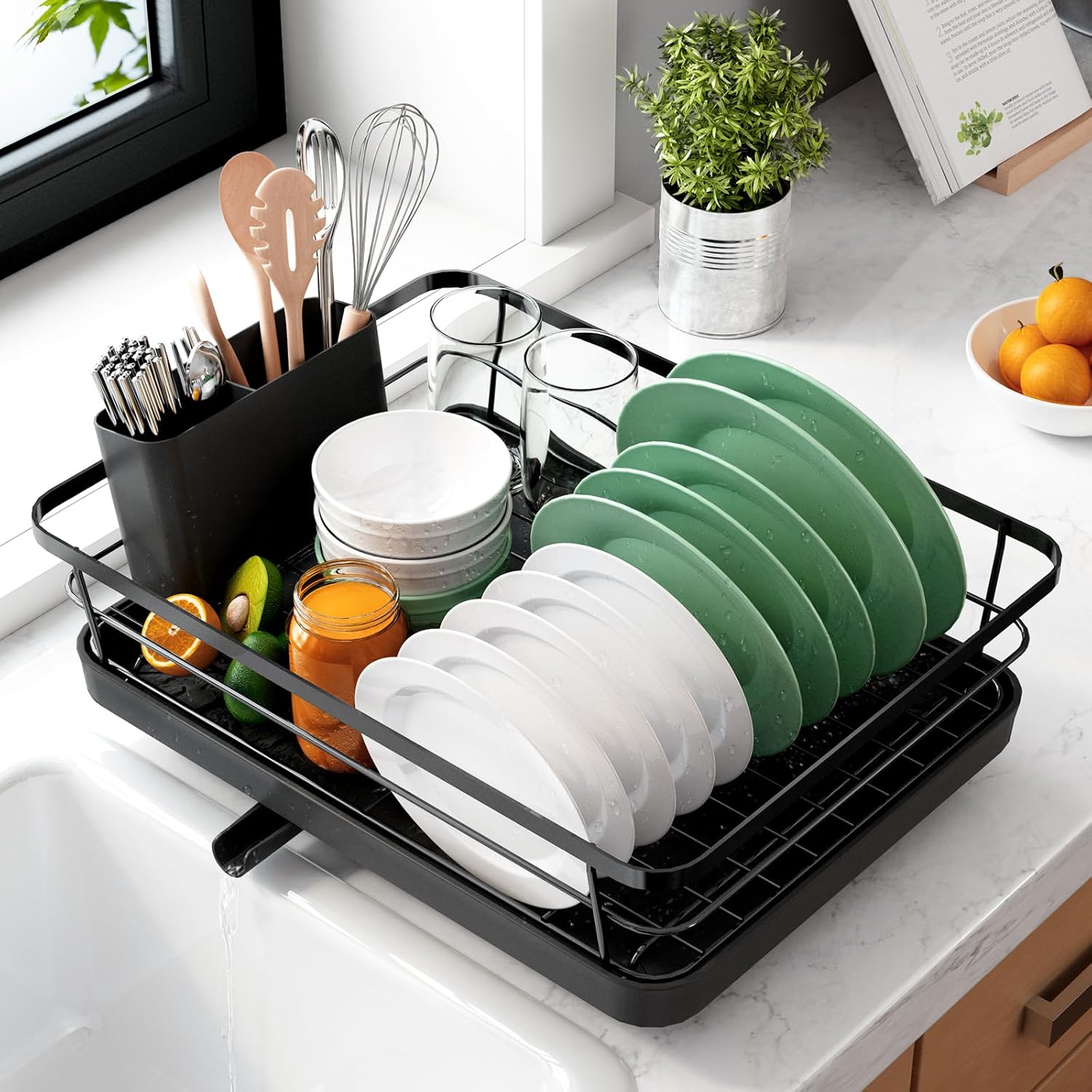 CARLA HOME Dish Drying Rack for Kitchen Counter with Removable Drip Tray, Utensil Holder and Cutlery Organizer