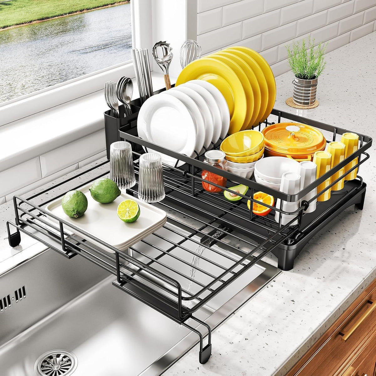 CARLA HOME Expandable Dish Drying Rack with Drainage Spout, Utensil Holder &amp; Drainboardfor Kitchen Countertop Organizer (1 tier)