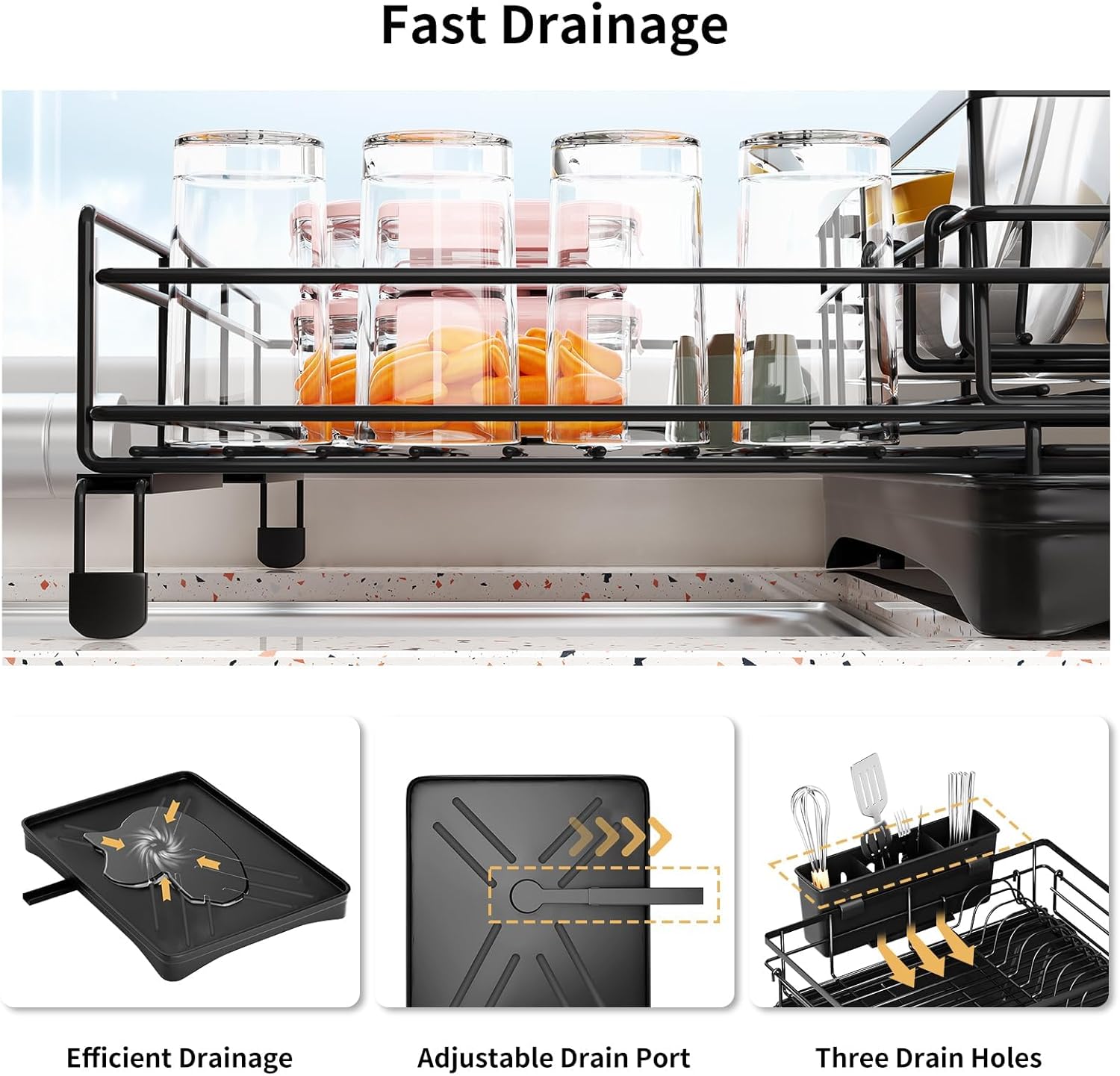 CARLA HOME Expandable Dish Drying Rack with Drainage Spout, Utensil Holder & Drainboardfor Kitchen Countertop Organizer (1 tier)