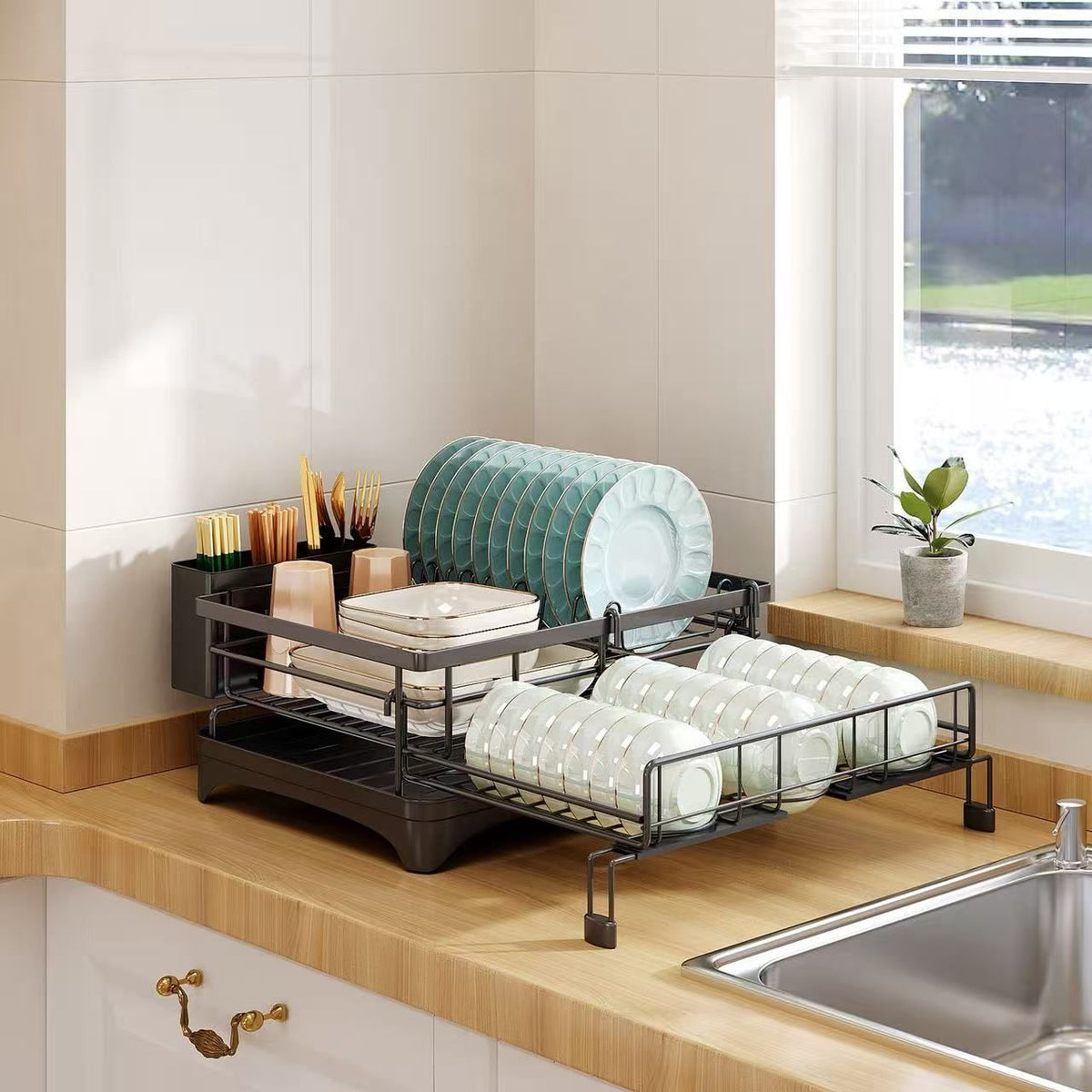 CARLA HOME Expandable Dish Drying Rack with Drainage Spout, Utensil Holder & Drainboardfor Kitchen Countertop Organizer (1 tier)