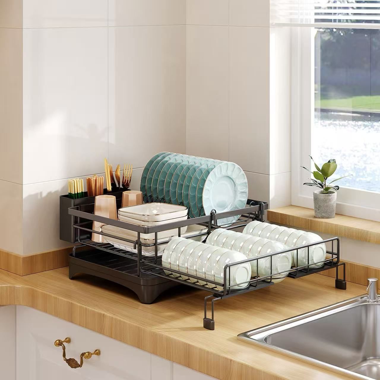 CARLA HOME Expandable Dish Drying Rack with Drainage Spout, Utensil Holder & Drainboardfor Kitchen Countertop Organizer (1 tier)