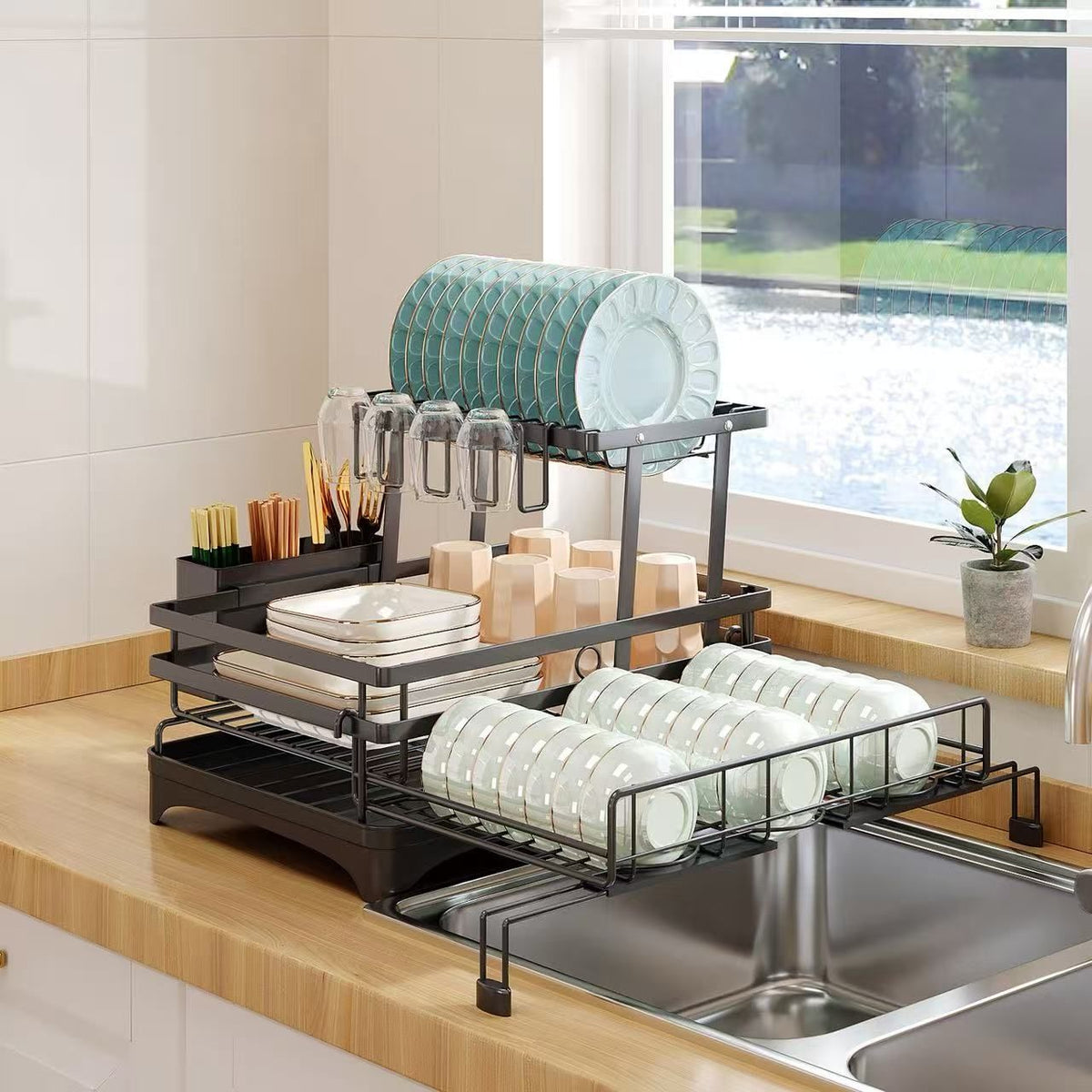 CARLA HOME Expandable Dish Drying Rack with Drainage Spout, Utensil Holder & Drainboardfor Kitchen Countertop Organizer (2 tier)