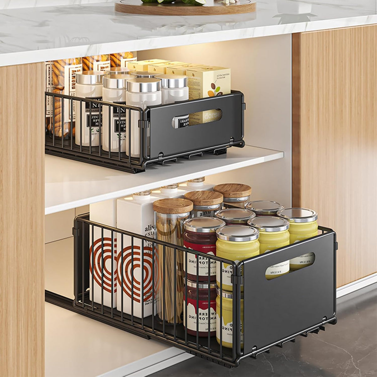 CARLA HOME 2 Pack Pullout Cabinet Kitchen Organizer Drawers with No-Drilling and Adhesive Design for Pantry &amp; Cabinets