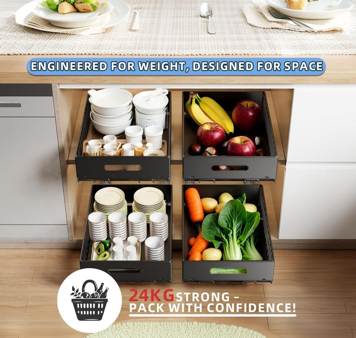 CARLA HOME 2 Pack Pullout Cabinet Kitchen Organizer Drawers with No-Drilling and Adhesive Design for Pantry & Cabinets