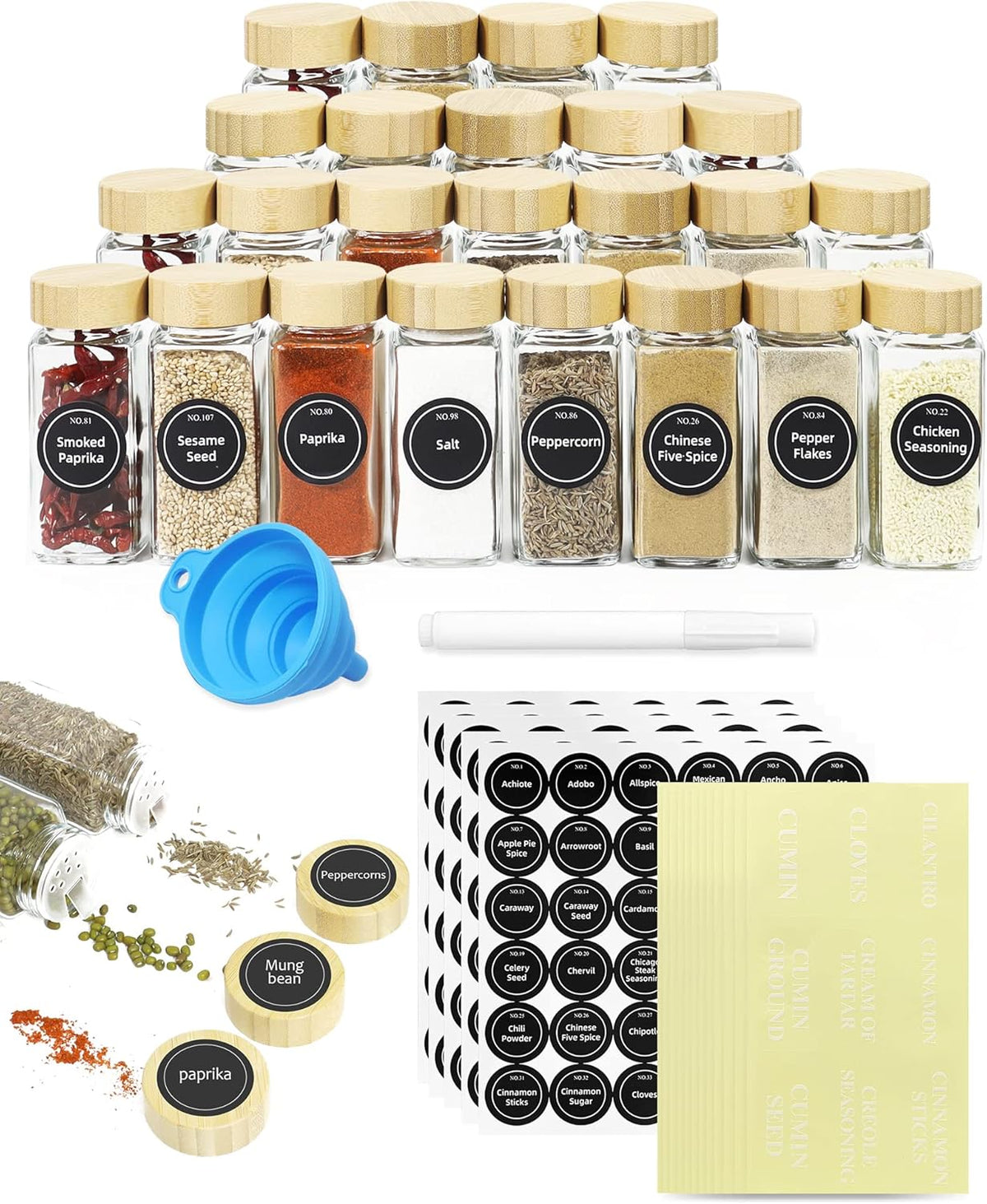 CARLA HOME 24 Glass Spice Jars with Bamboo Lids, Shaker Tops, 180 Spice Labels, White Pen &amp; Funnel for Kitchen Organization, Spice Rack, Seasoning &amp; Herb Storage