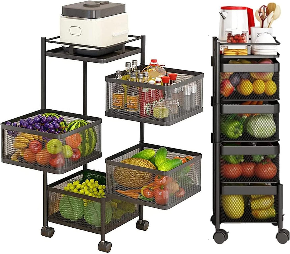 CARLA HOME Metal 5-Tier Rolling Vegetable and Fruit Basket Cart Stand for Kitchen &amp; Storage