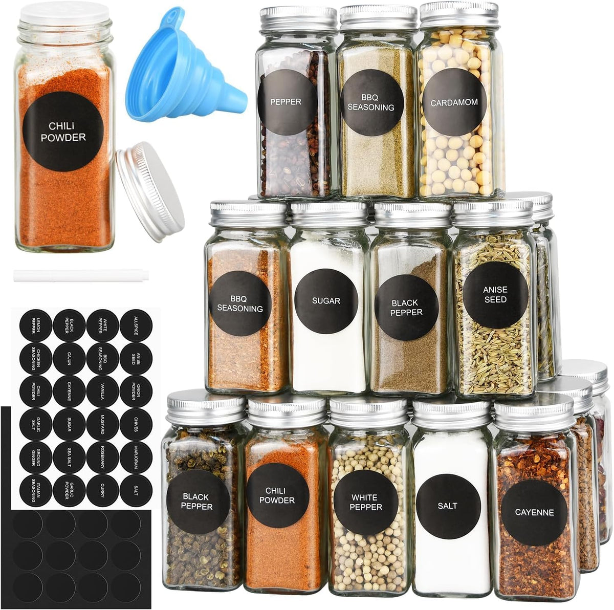 CARLA HOME 24 Glass Spice Jars with Lids, Shaker Tops, 180 Spice Labels, White Pen &amp; Funnel for Kitchen Organization, Spice Rack, Seasoning &amp; Herb Storage