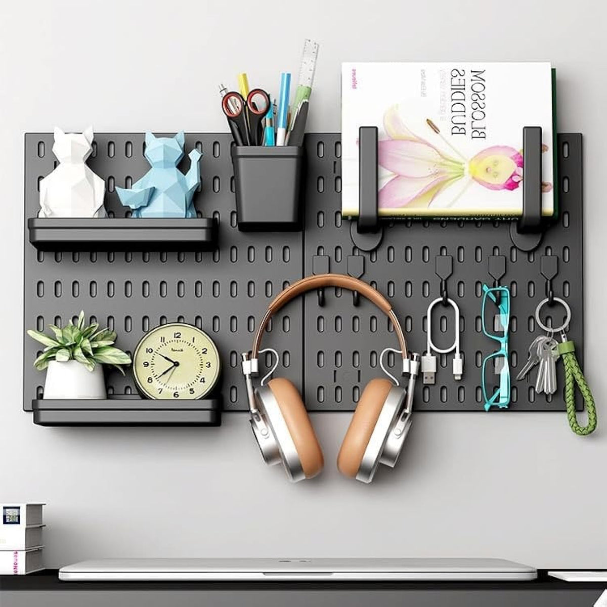 CARLA HOME Pegboard Wall Organizer Kit – 2 Black Modular Pegboards with 10 Accessories for Office, Gaming &amp; Home Storage