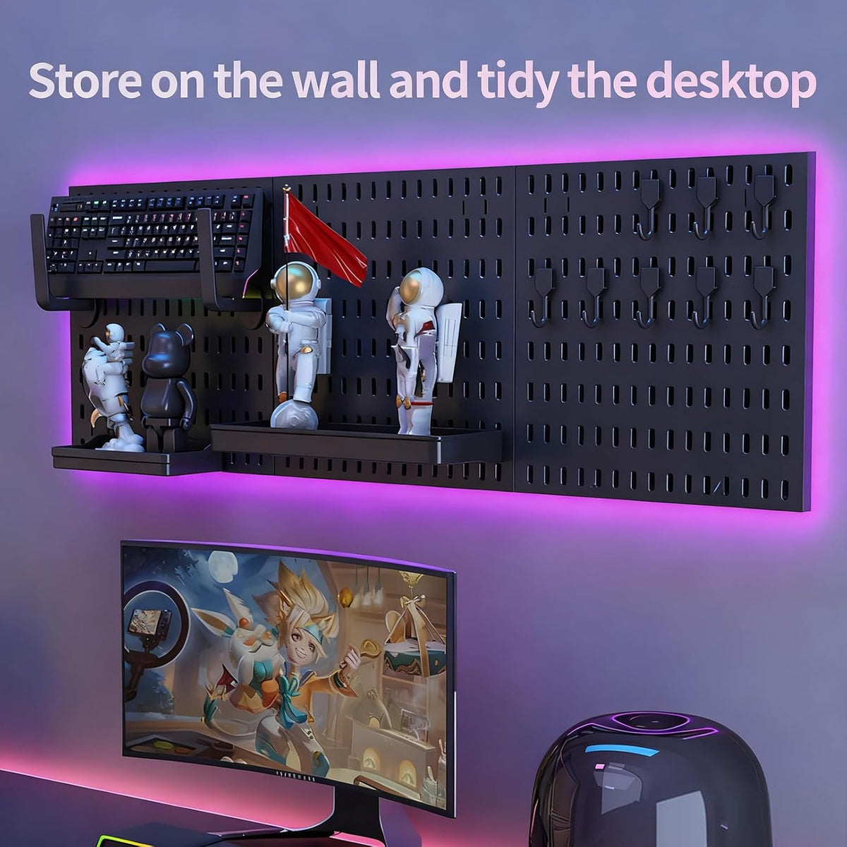 CARLA HOME Pegboard Wall Organizer Kit with 3 Modular Black Panels & 17 Accessories for Gaming, Office & Craft Storage