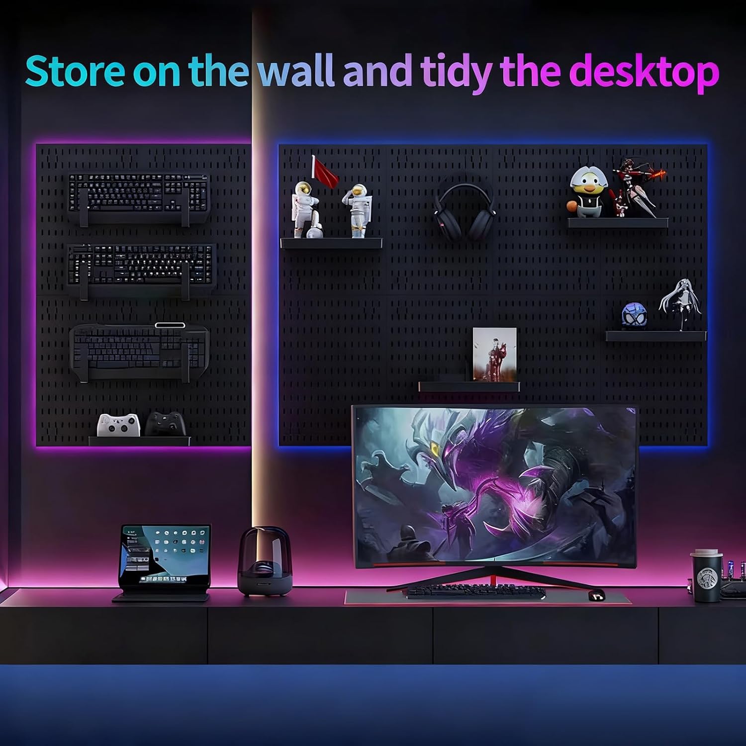 CARLA HOME Pegboard Wall Organizer Kit with 4 Modular Black Pegboards & 19 Accessories for Gaming, Office & Craft Storage (Black)