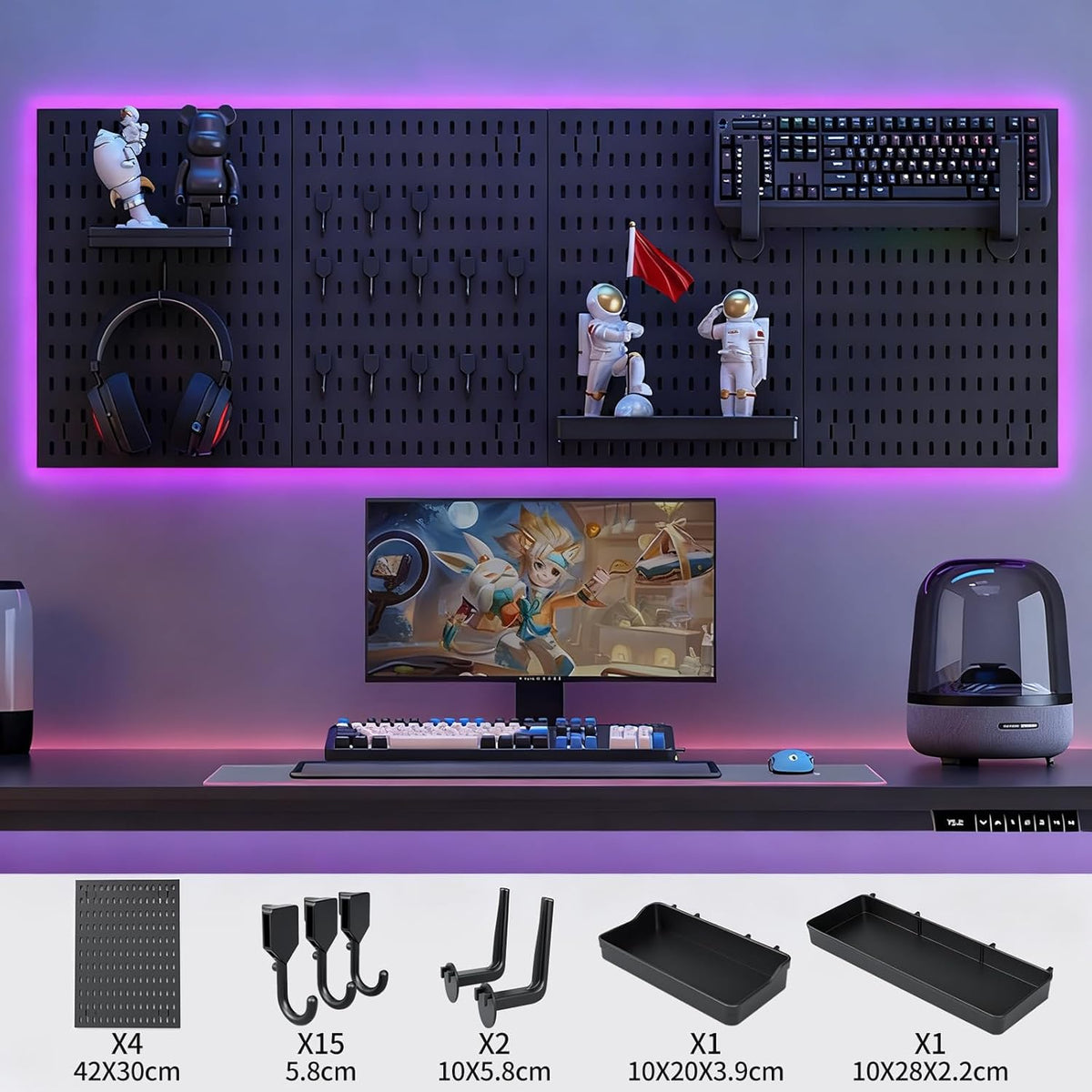 CARLA HOME Pegboard Wall Organizer Kit with 4 Modular Black Pegboards & 19 Accessories for Gaming, Office & Craft Storage (Black)