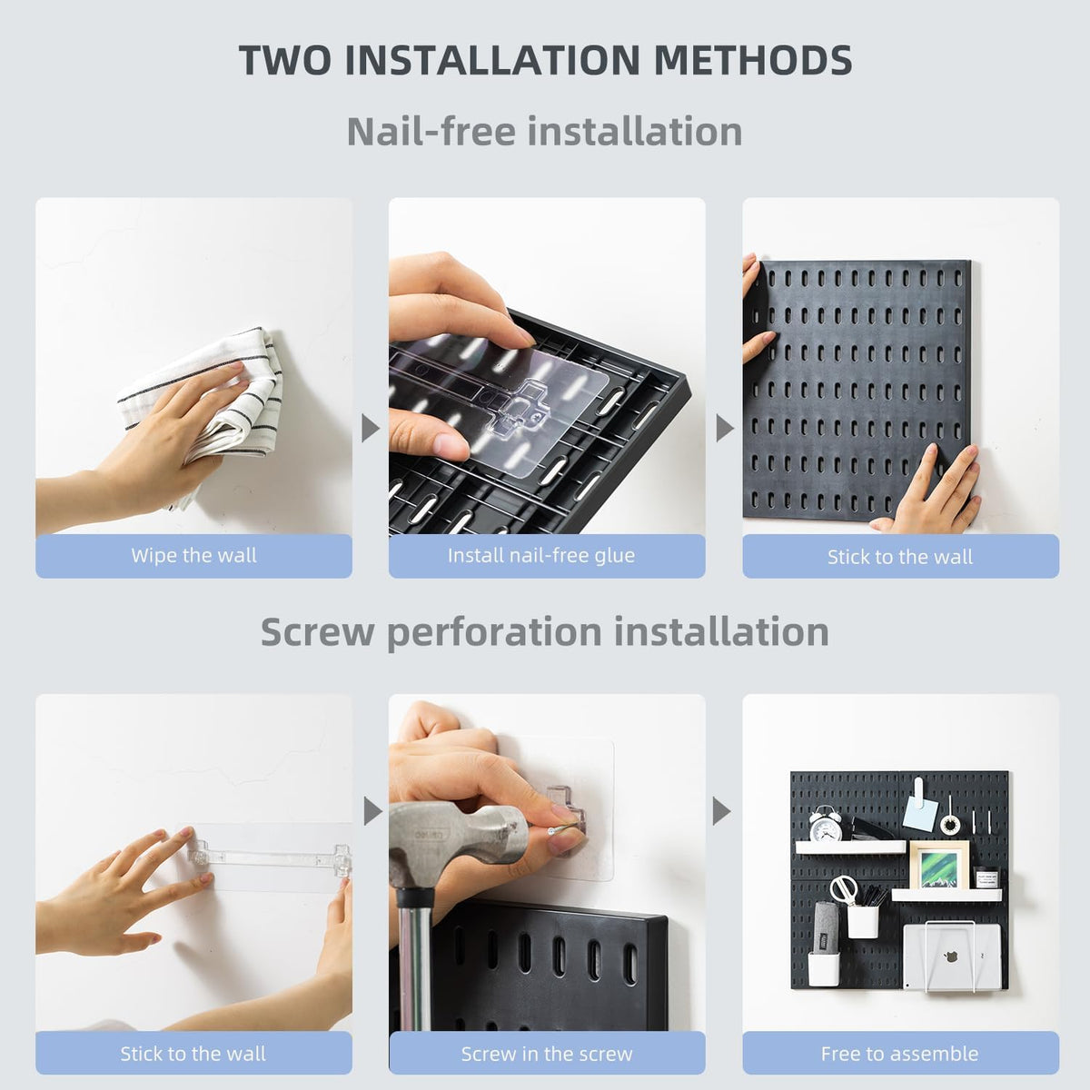 CARLA HOME Pegboard Wall Organizer Kit with 4 Modular Black Pegboards & 19 Accessories for Gaming, Office & Craft Storage (White)