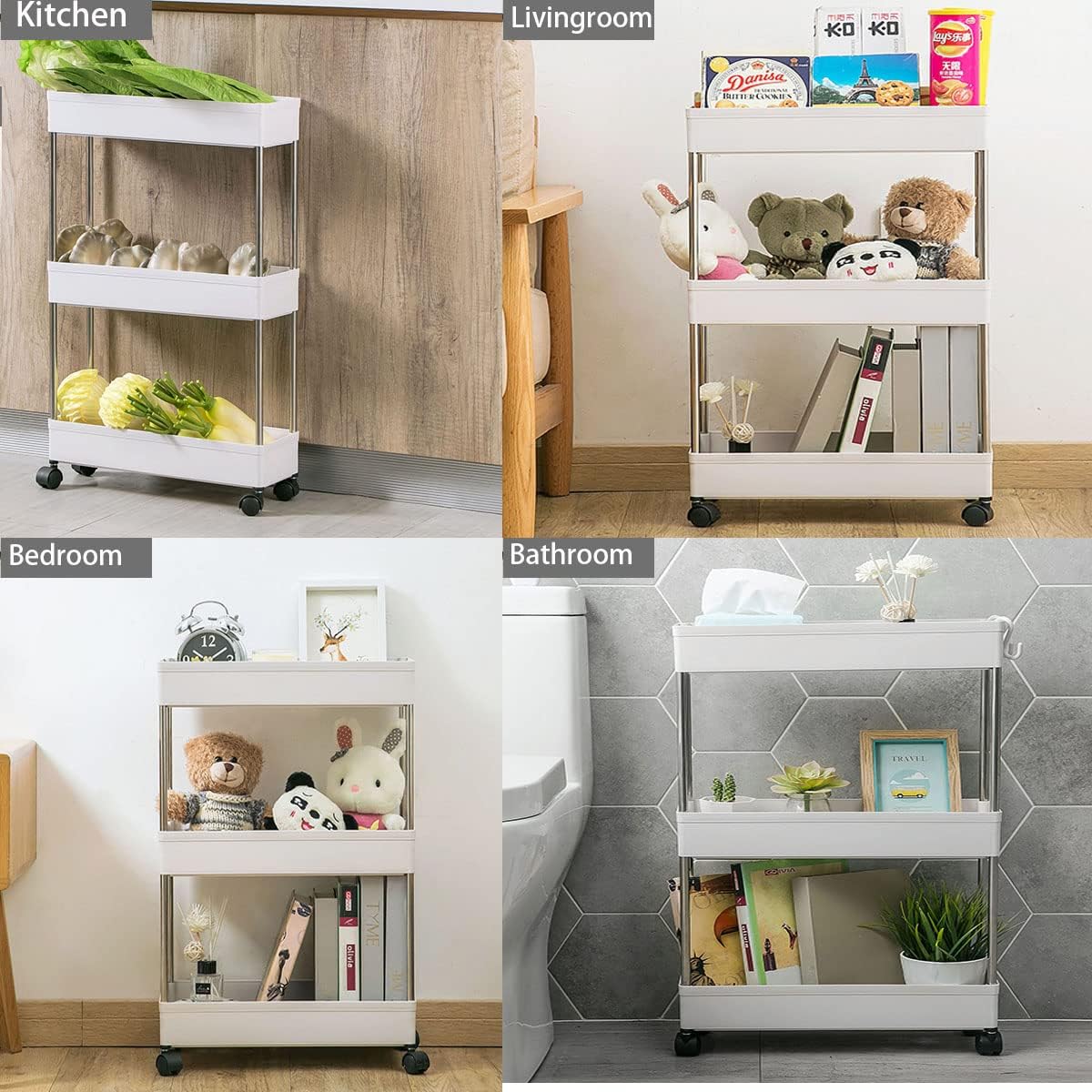 CARLA HOME Slim Storage Cart Organizer Trolley with Wheels for Kitchen, Bathroom, Laundry & Narrow Spaces (3 tier)