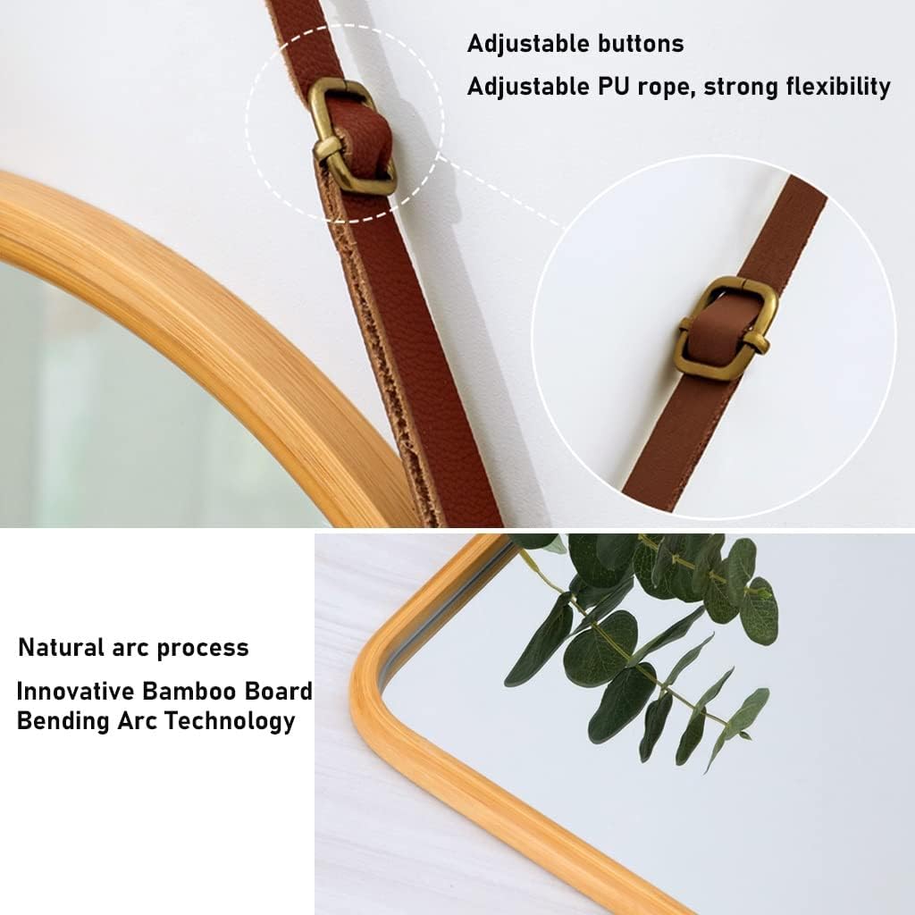 CARLA HOME Hanging Wall Mirror with Bamboo Frame with Adjustable Leather Strap for Bathroom, Bedroom, Vanity or Entryway (40x33 cm)
