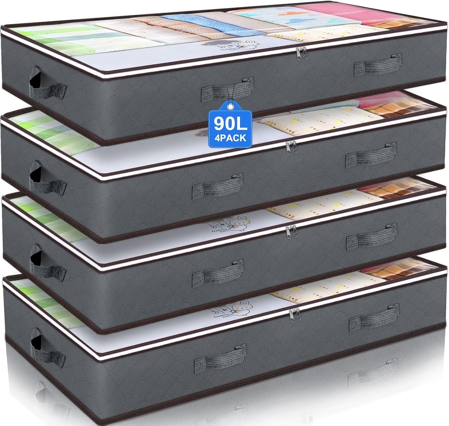 CARLA HOME 4 Pack Underbed Storage Bins with 90L Large Capacity Storage Containers for Comforters, Linen, Pillows, Toys, Towels, Blankets