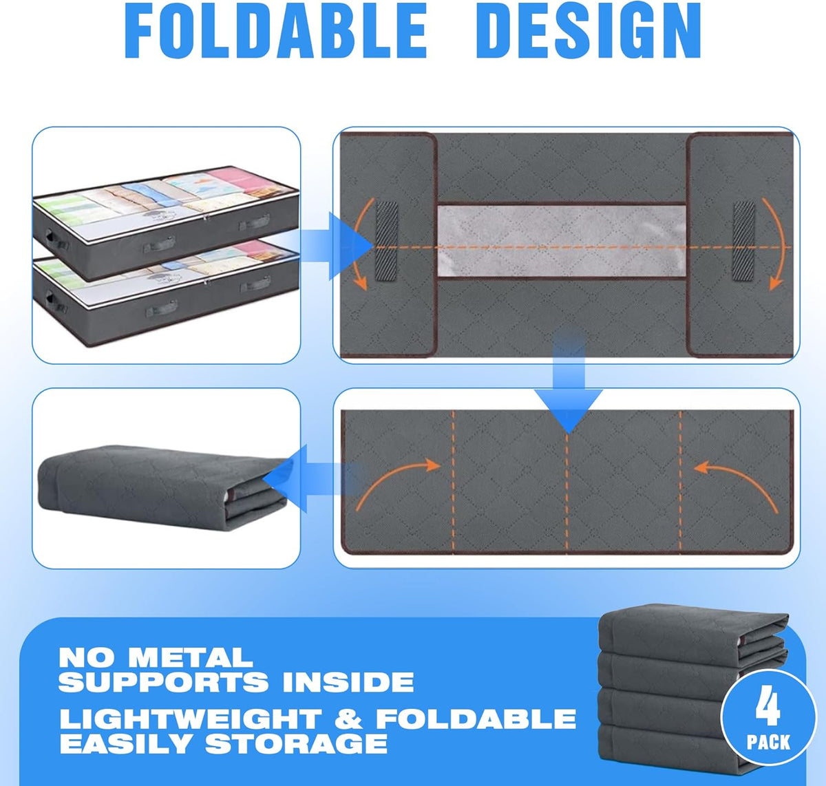 CARLA HOME 4 Pack Underbed Storage Bins with 90L Large Capacity Storage Containers for Comforters, Linen, Pillows, Toys, Towels, Blankets