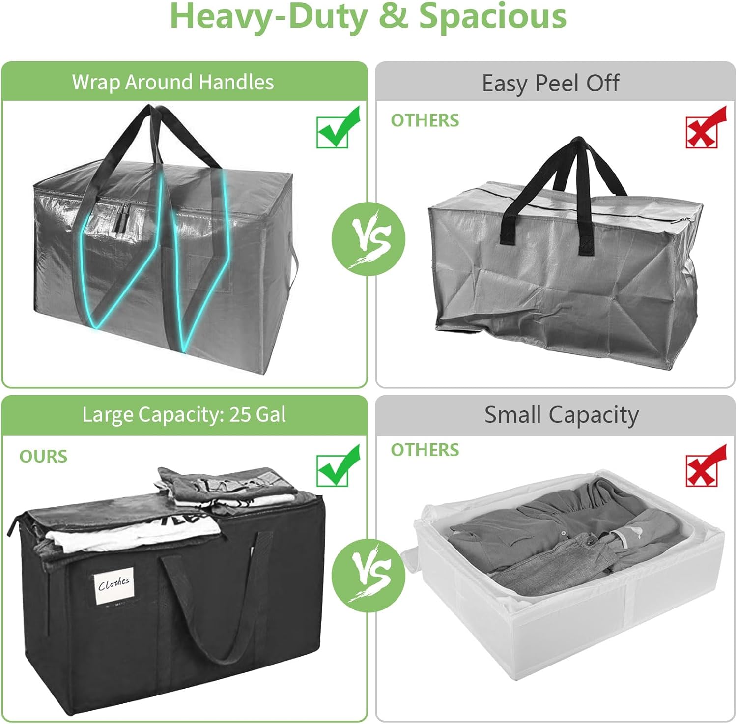 CARLA HOME 6-Pack Large Moving Storage Bags with Zippers & Handles with 95 Liters Capacity for Space Saving, Travel, Camping & Organization (Black)