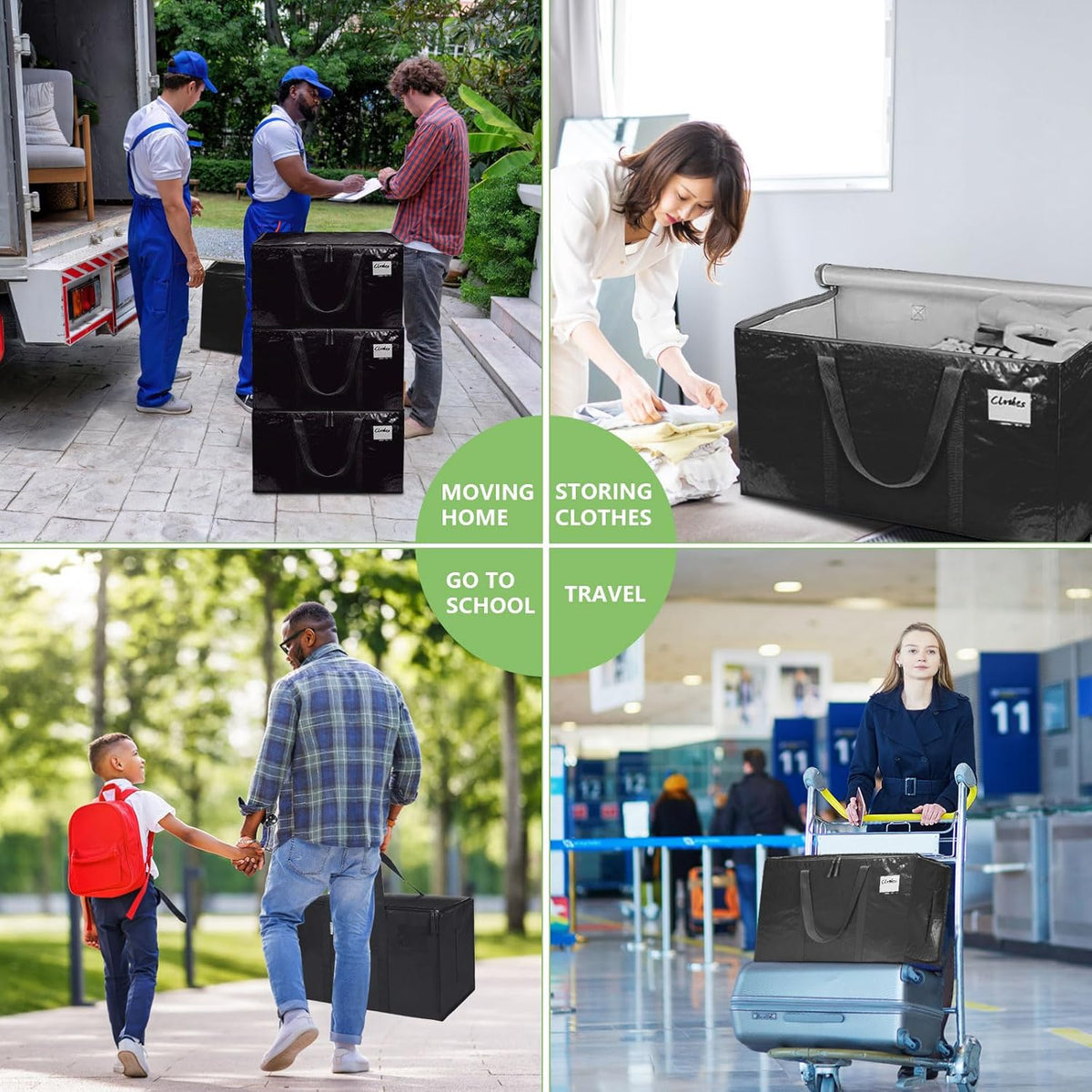 CARLA HOME 6-Pack Large Moving Storage Bags with Zippers & Handles with 95 Liters Capacity for Space Saving, Travel, Camping & Organization (Black)