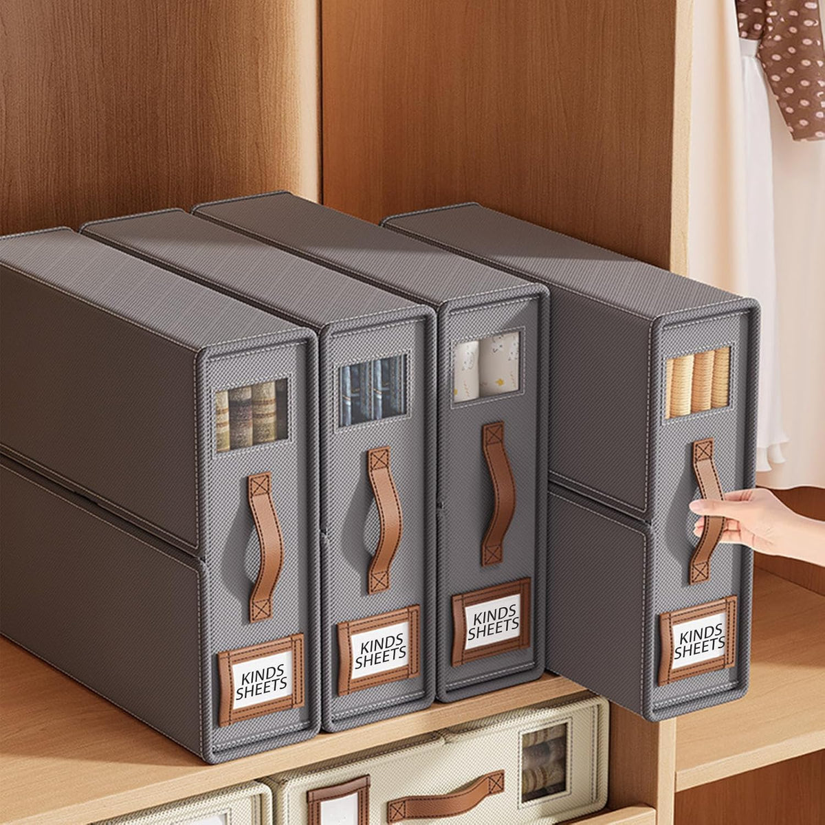 CARLA HOME Bed Sheet Organizer Set of 4 with Handle &amp; Window for Covers, Pillowcases, Blankets, Clothes &amp; Sheets (Grey)