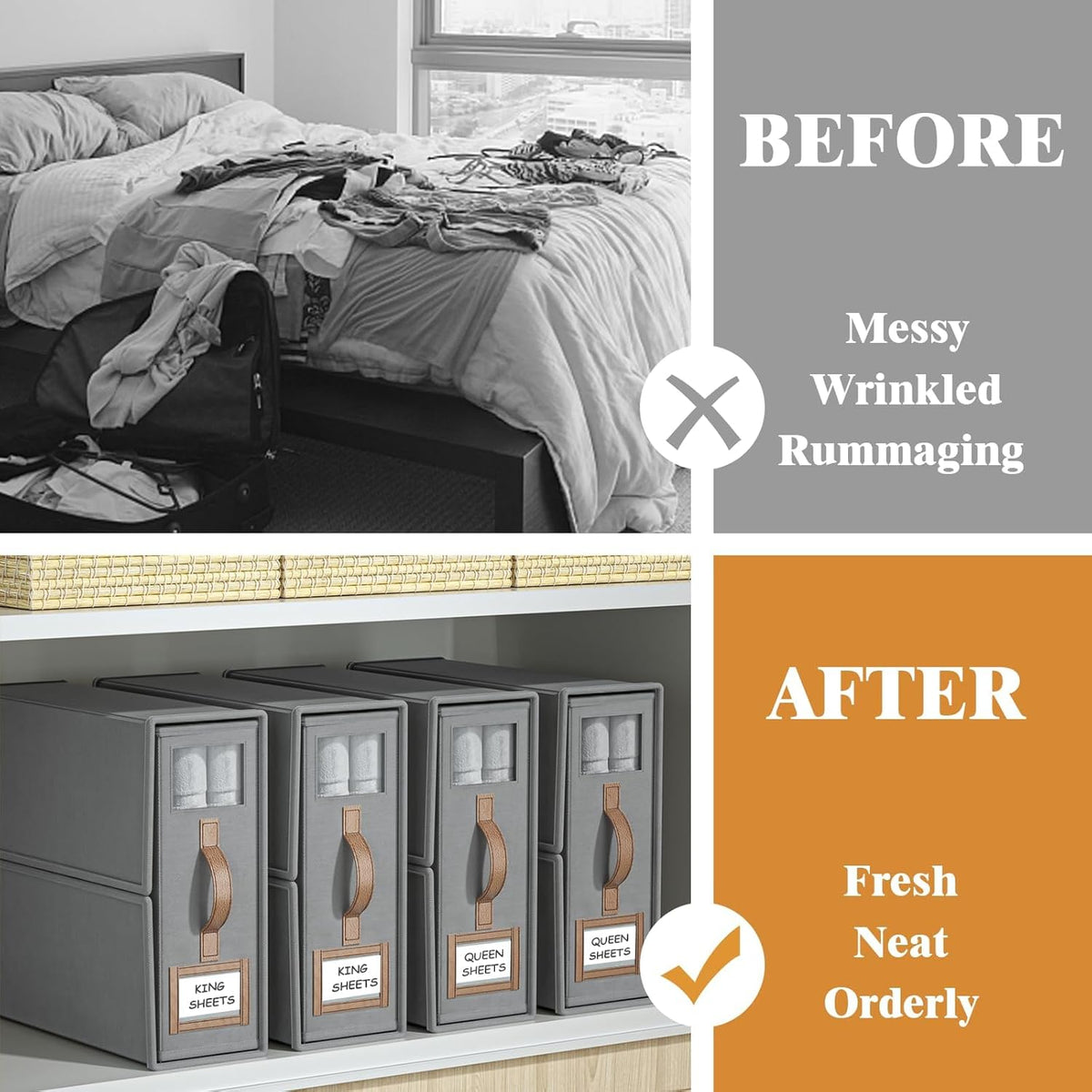 CARLA HOME Bed Sheet Organizer Set of 4 with Handle & Window for Covers, Pillowcases, Blankets, Clothes & Sheets (Grey)