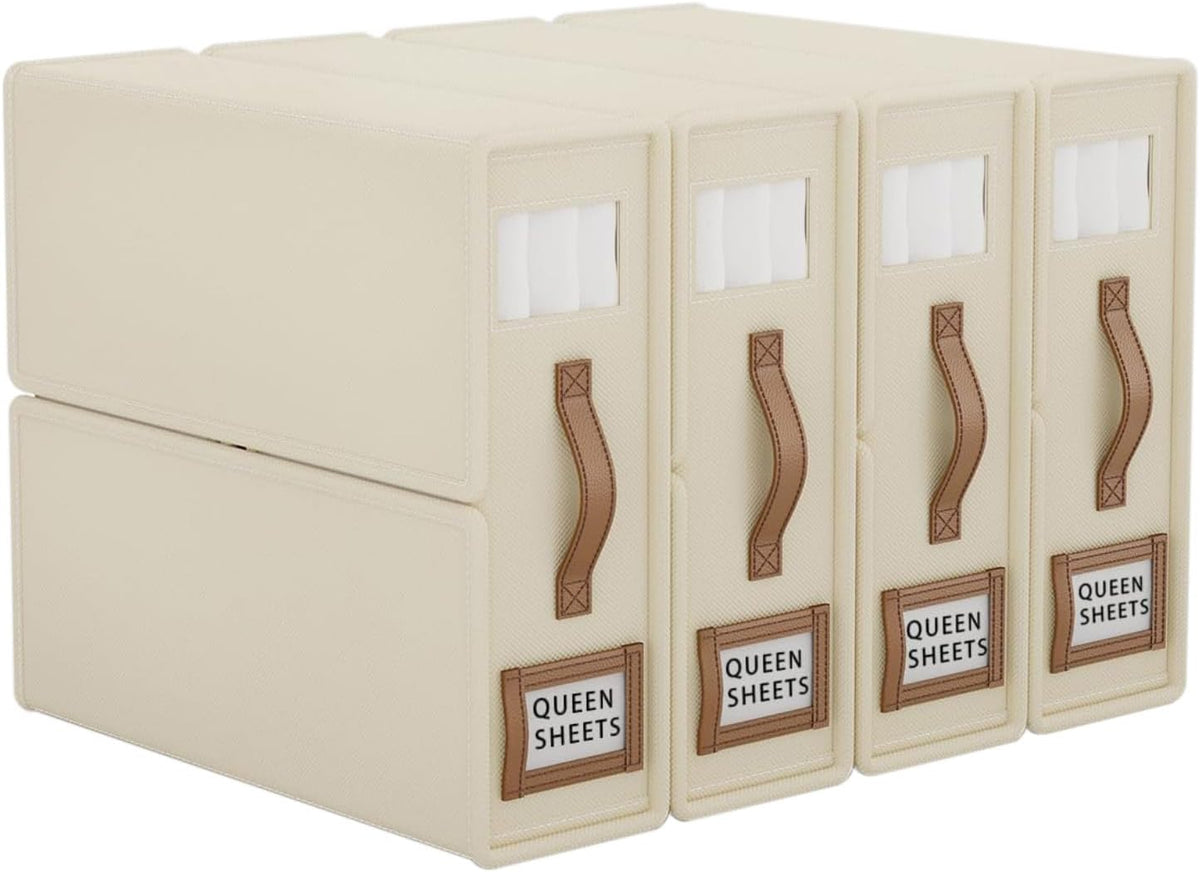 CARLA HOME Bed Sheet Organizer Set of 4 with Handle &amp; Window for Covers, Pillowcases, Blankets, Clothes &amp; Sheets (Beige)