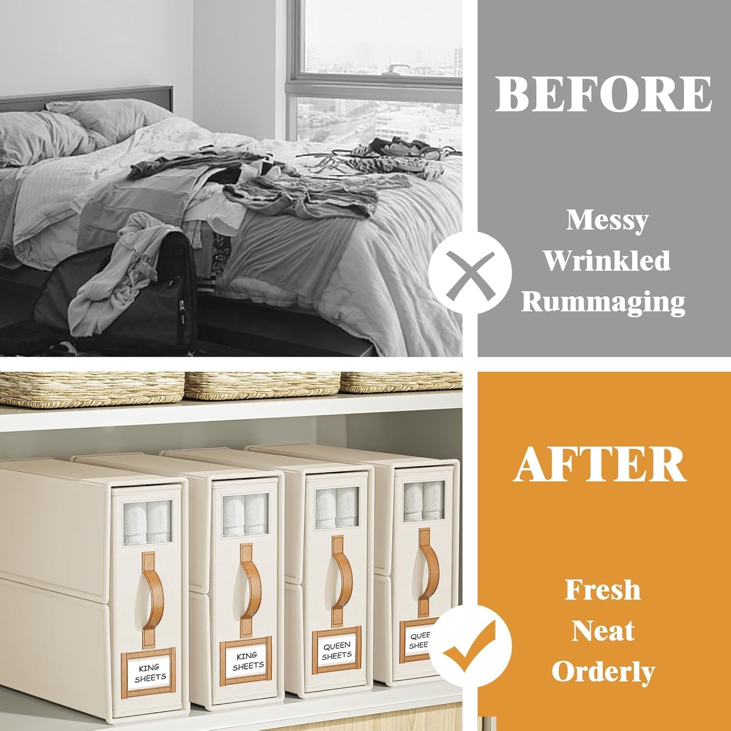 CARLA HOME Bed Sheet Organizer Set of 4 with Handle & Window for Covers, Pillowcases, Blankets, Clothes & Sheets (Beige)