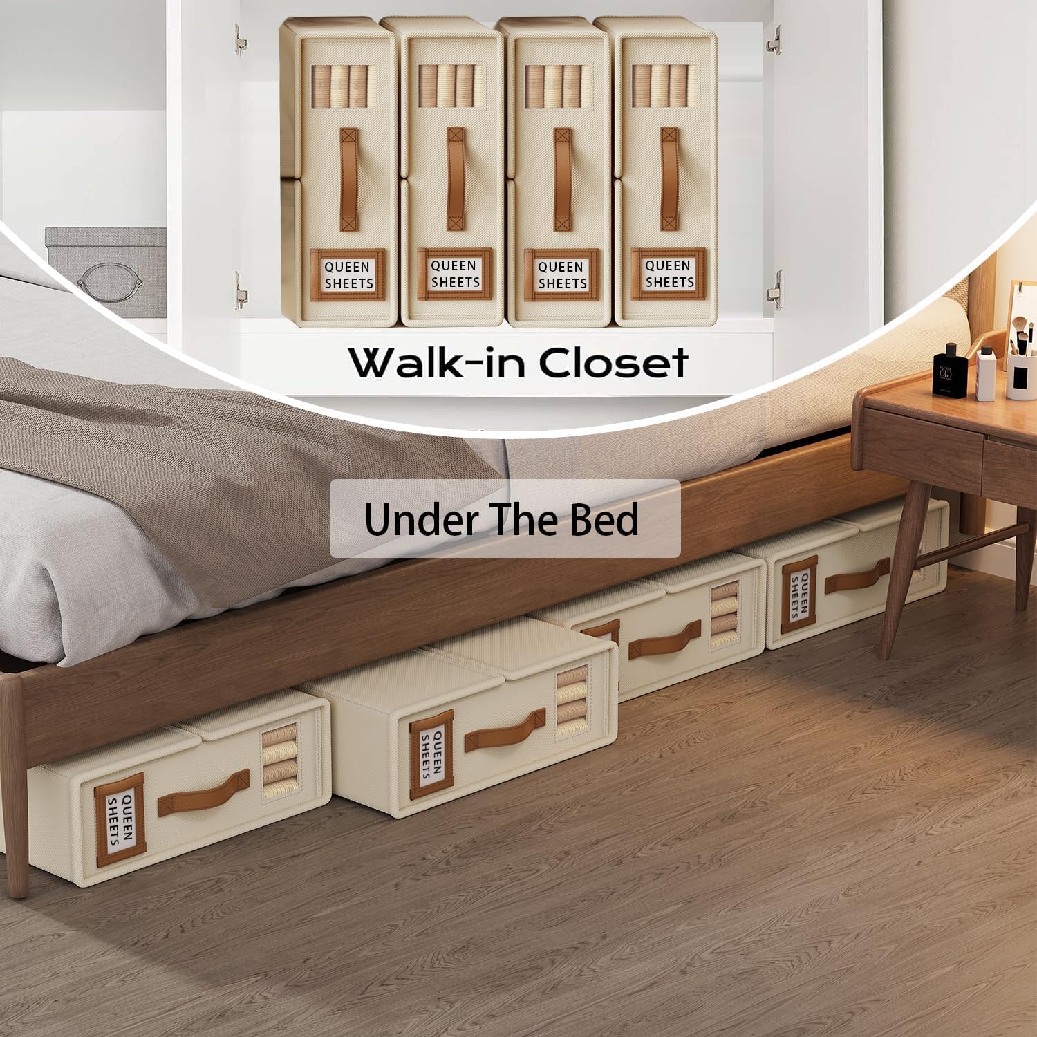 CARLA HOME Bed Sheet Organizer Set of 4 with Handle & Window for Covers, Pillowcases, Blankets, Clothes & Sheets (Beige)