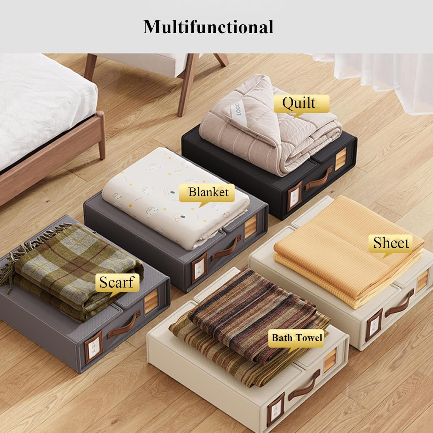 CARLA HOME Bed Sheet Organizer Set of 4 with Handle & Window for Covers, Pillowcases, Blankets, Clothes & Sheets (Beige)