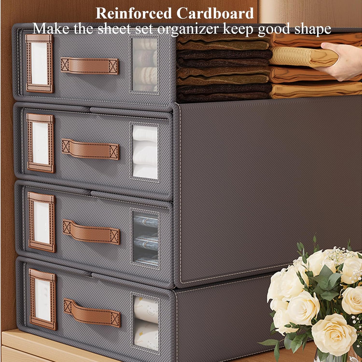 CARLA HOME Bed Sheet Organizer Set of 4 with Handle & Window for Covers, Pillowcases, Blankets, Clothes & Sheets (Beige)