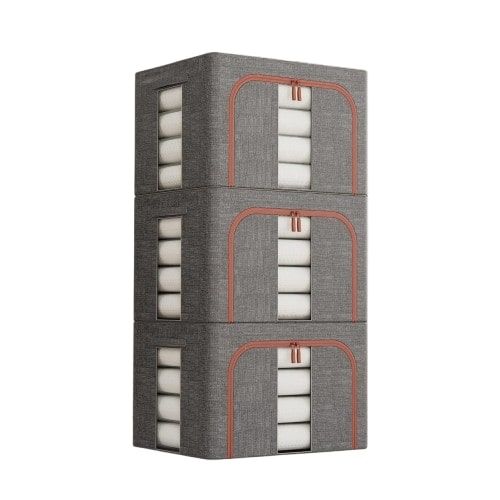 CARLA HOME 3 pack Large Clothes Storage Bins with Lids for Clothing, Bedding, Blankets, Toys (66L capacity - Grey)