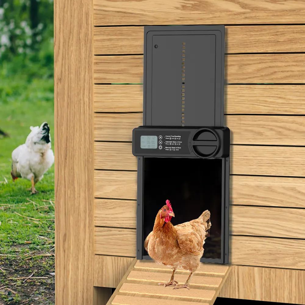 CARLA HOME Automatic Chicken Coop Door Opener with Timer Control, Anti-Pinch Protection, LCD Display &amp; Battery Powered for Backyard Chickens