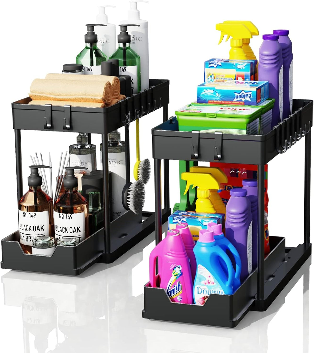 CARLA HOME 2 Pack Under Sink Organizer with Pull-Out Basket and Hooks for Bathroom &amp; Kitchen