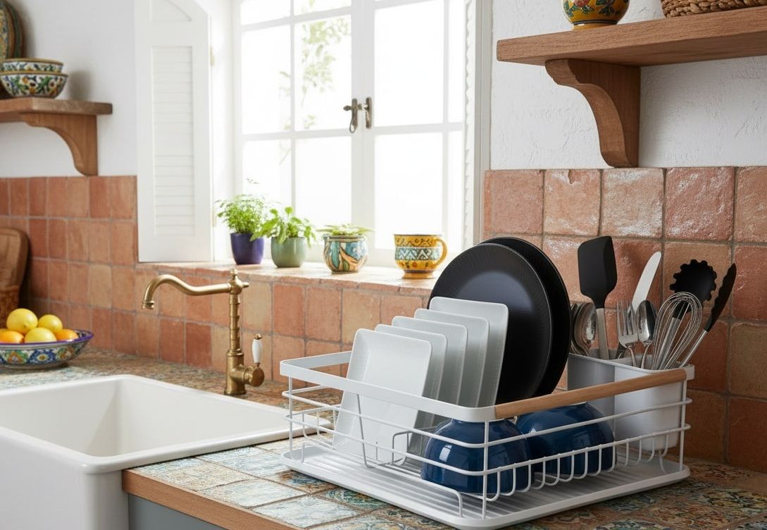 CARLA HOME Dish Drying Rack with Wooden Handles, Removable Cutlery Holder & Drainboard for Kitchen Countertop