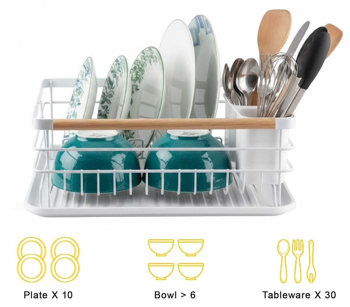 CARLA HOME Dish Drying Rack with Wooden Handles, Removable Cutlery Holder & Drainboard for Kitchen Countertop