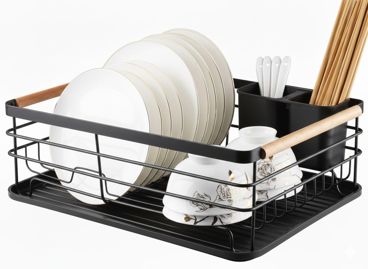 CARLA HOME Dish Drying Rack with Wooden Handles, Removable Cutlery Holder &amp; Drainboard for Kitchen Countertop