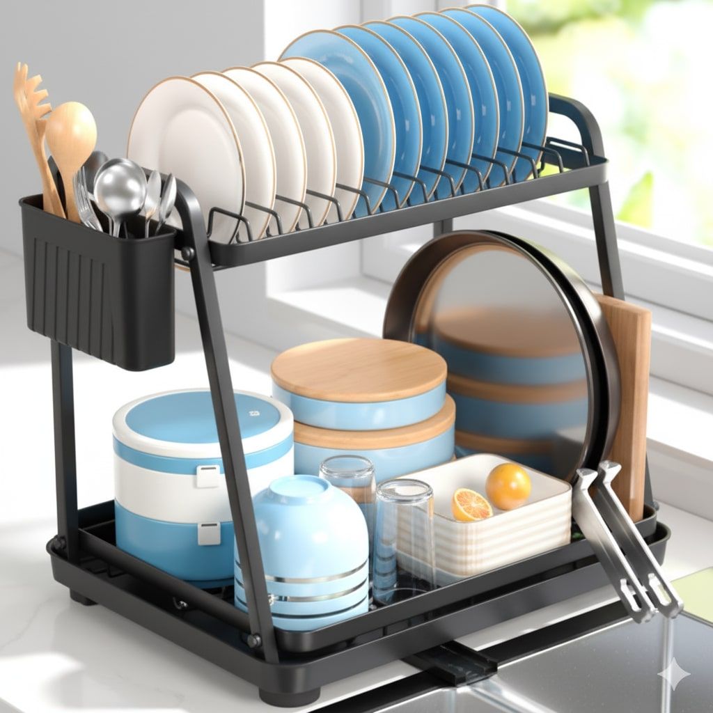 CARLA HOME 2-Tier Dish Drying Rack for Kitchen Countertop with Drainage Tray, Utensil Holder, Cutting Board Slot &amp; Cup Hooks