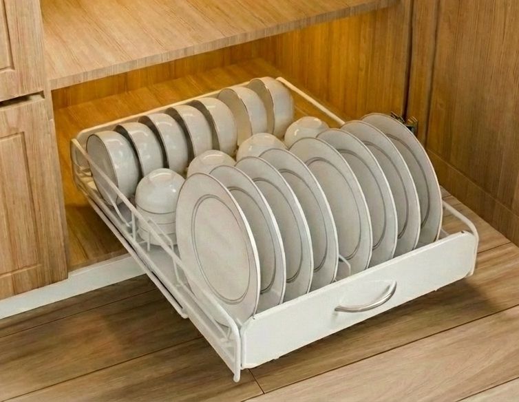 CARLA HOME Pull Out Dish Rack for Kitchen Cabinet with Slide Out Drawer Organizer for Plates, Bowls &amp; Utensils