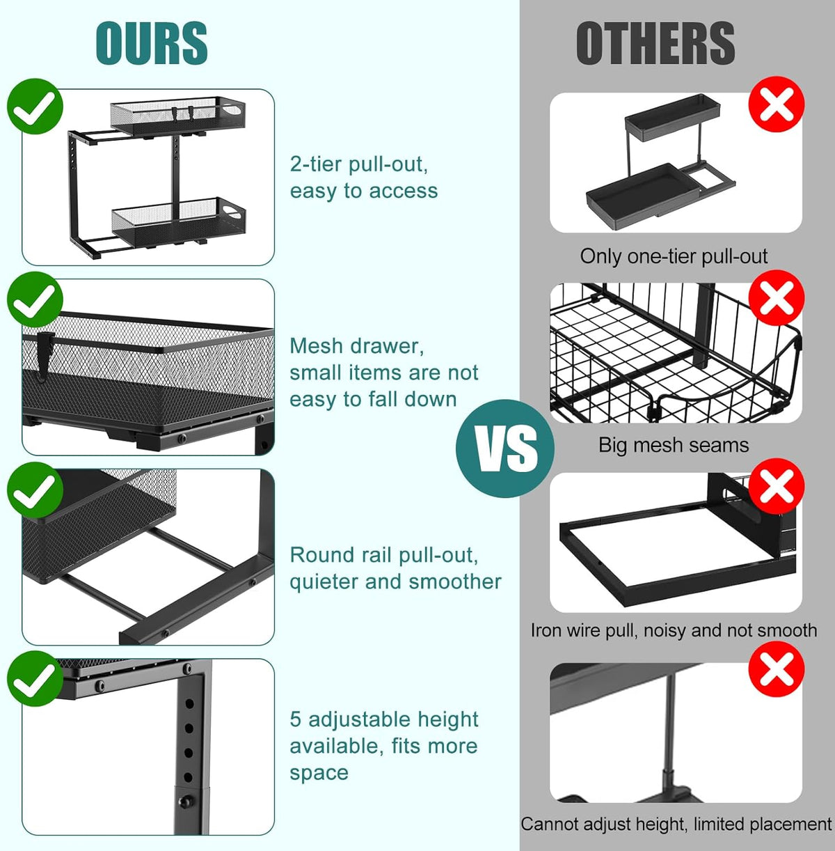 CARLA HOME 2 Tier Under Sink Organizer Pull Out Sliding Cabinet Storage Shelf with Height Adjustable for Kitchen, Bathroom or Laundry Room (Black)