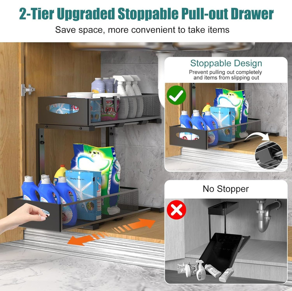 CARLA HOME 2 Pack Under Sink Organizer Pull Out Sliding Cabinet Storage Shelf with Height Adjustable for Kitchen, Bathroom or Laundry Room (Black)