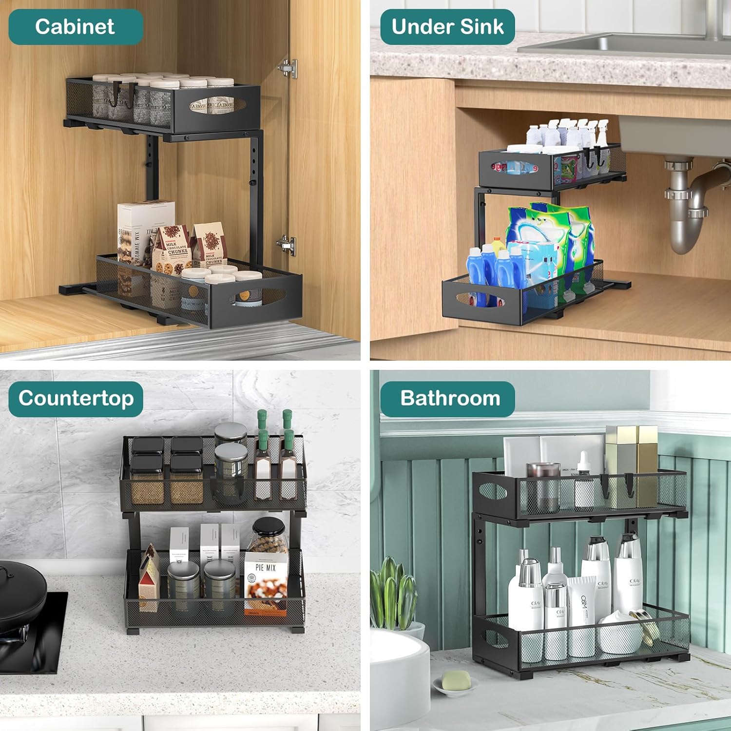 CARLA HOME 2 Pack Under Sink Organizer Pull Out Sliding Cabinet Storage Shelf with Height Adjustable for Kitchen, Bathroom or Laundry Room (Black)