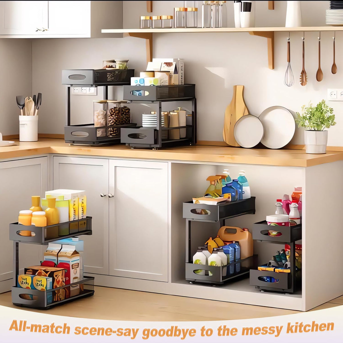 CARLA HOME 2 Pack Under Sink Organizer Pull Out Sliding Cabinet Storage Shelf with Height Adjustable for Kitchen, Bathroom or Laundry Room (Black)