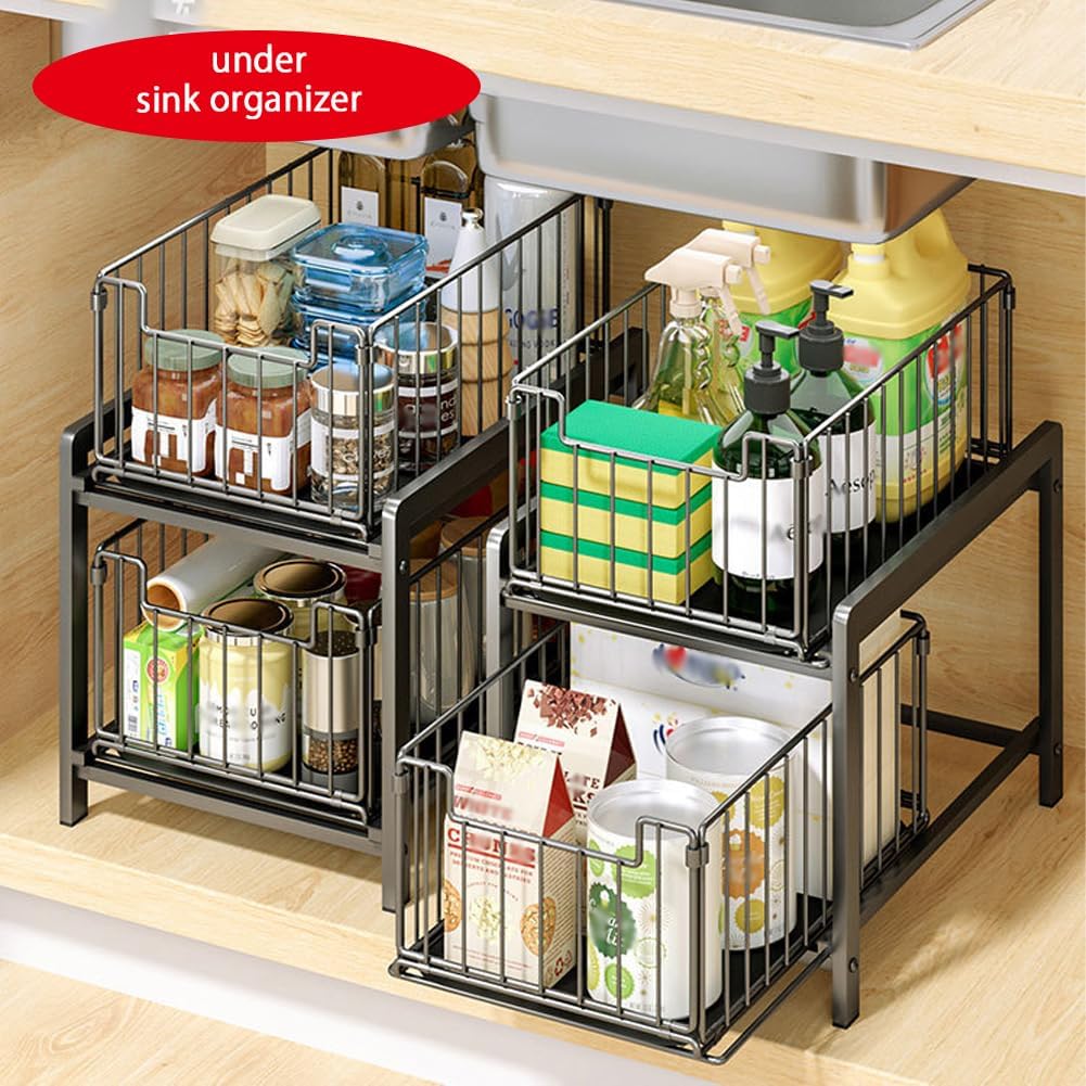 CARLA HOME 2 Tier Sliding Cabinet Organizer Drawer Storage Rack for Kitchen or Bathroom