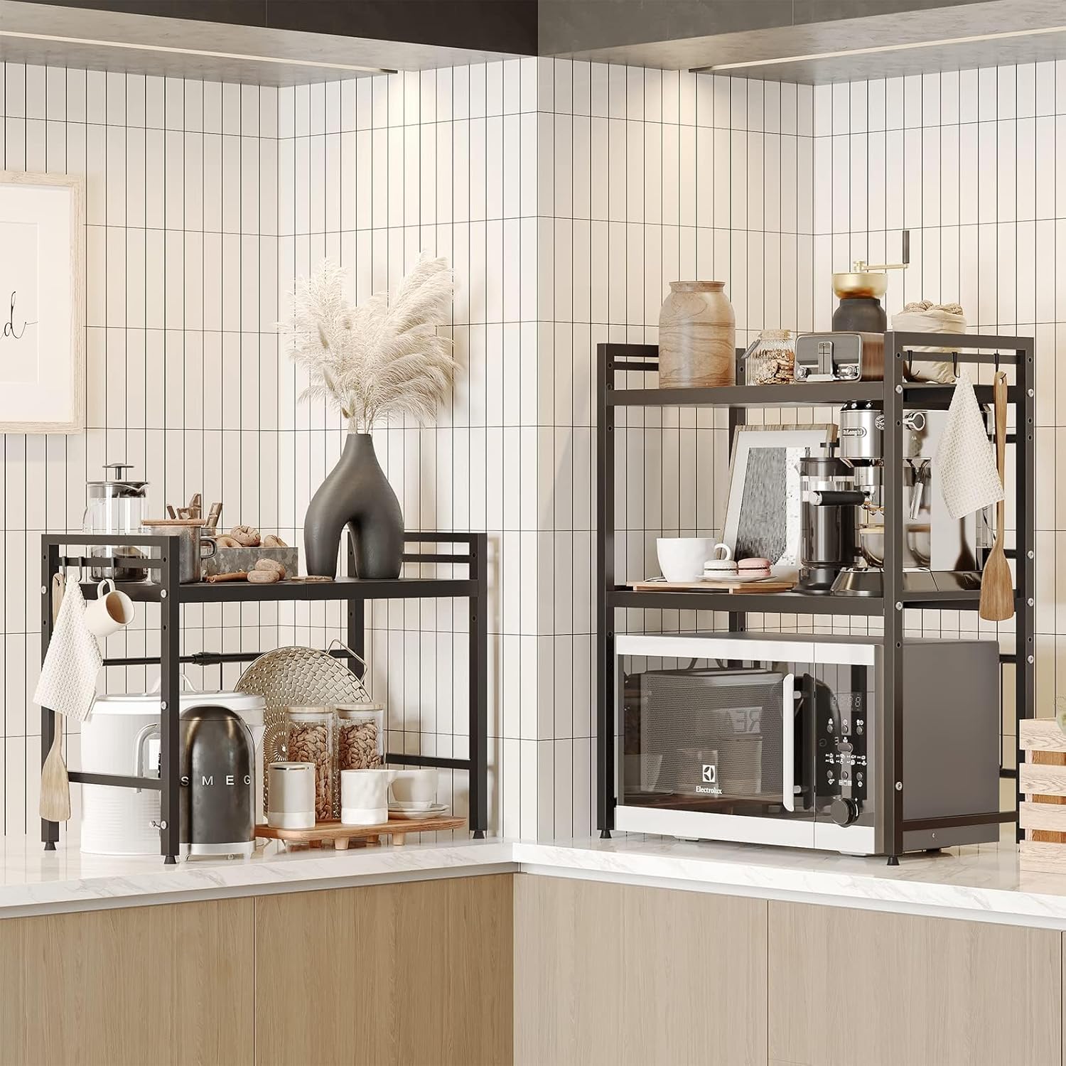 CARLA HOME 2-Tier Microwave Oven Rack with Adjustable Metal Kitchen Shelf Stand for Countertop Storage and 6 Hooks for Utensils (Black)