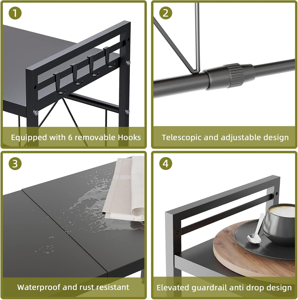CARLA HOME 2-Tier Microwave Oven Rack with Adjustable Metal Kitchen Shelf Stand for Countertop Storage and 6 Hooks for Utensils (Black)
