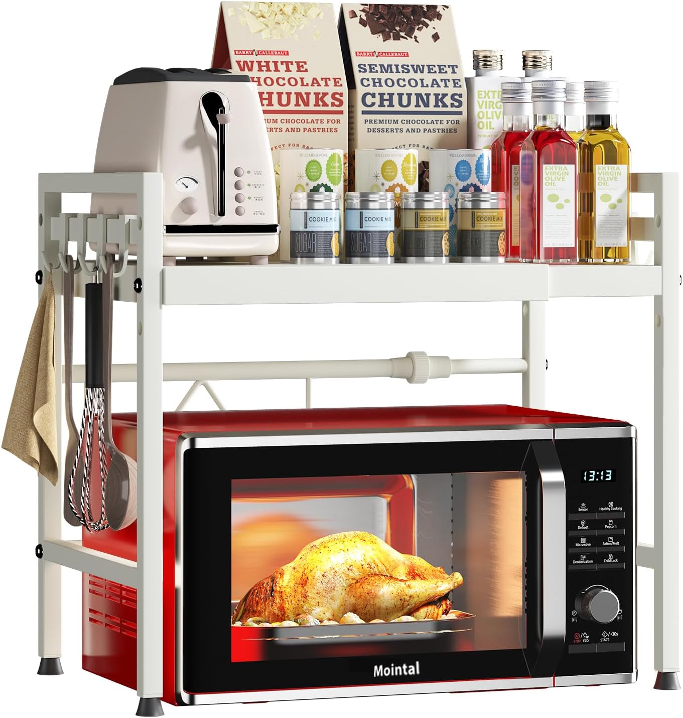 CARLA HOME 2-Tier Microwave Oven Rack with Adjustable Metal Kitchen Shelf Stand for Countertop Storage and 6 Hooks for Utensils (White)